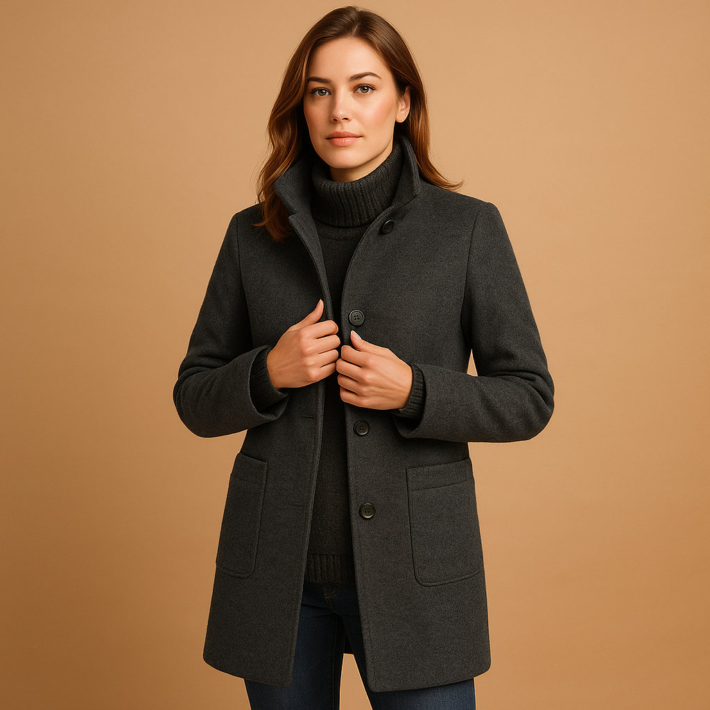 Soft winter coat for women with relaxed fit and elegant design, available in blue, grey, green, and purple for stylish cold-weather outfits.