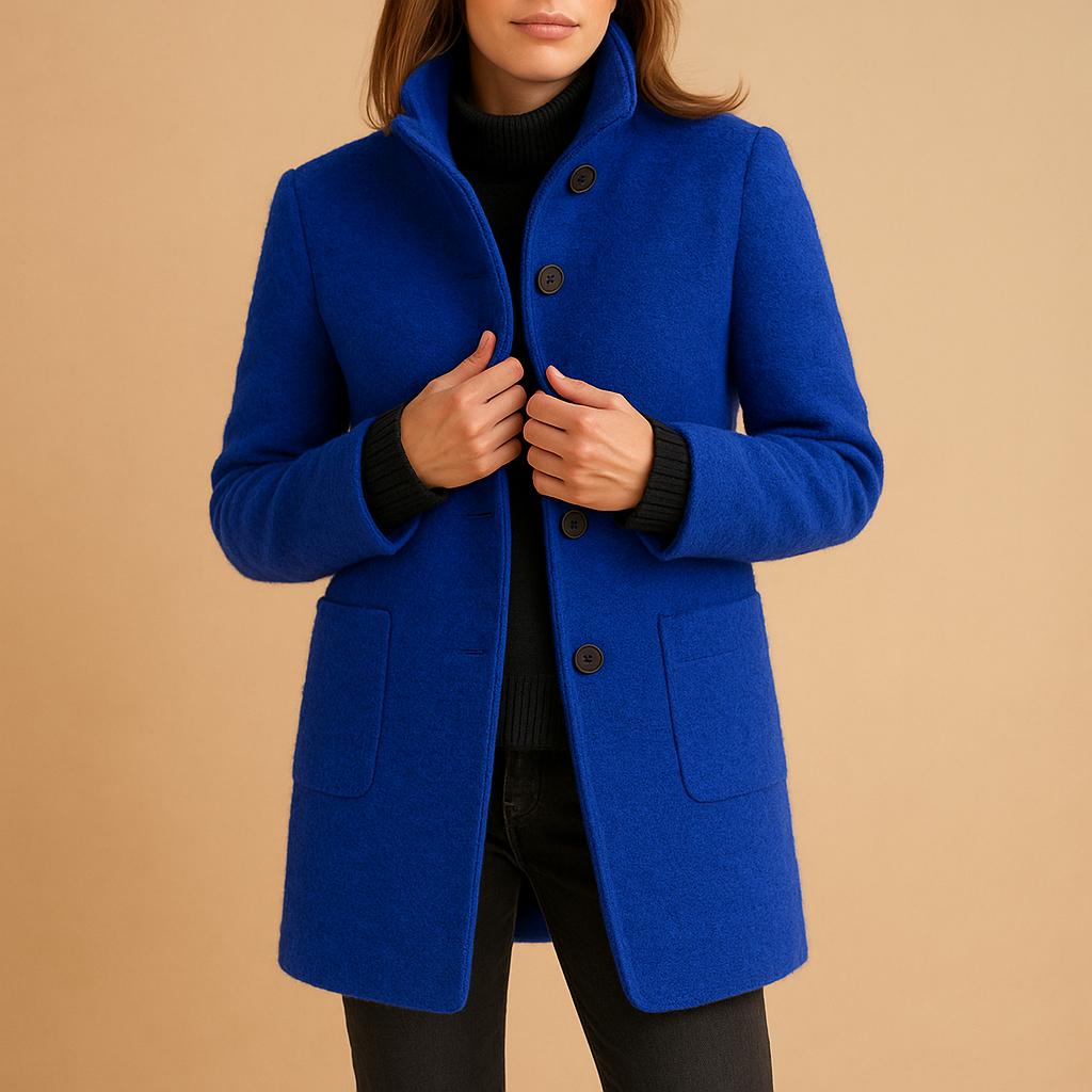 Soft winter coat for women with relaxed fit and elegant design, available in blue, grey, green, and purple for stylish cold-weather outfits.