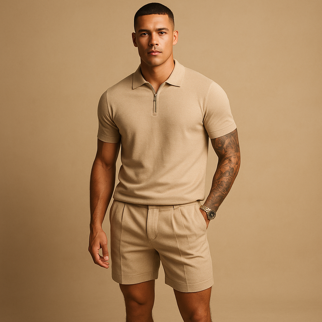 Men’s modern streetwear set with matching shirt and shorts, perfect for casual wear, relaxing at home, or city outings.
