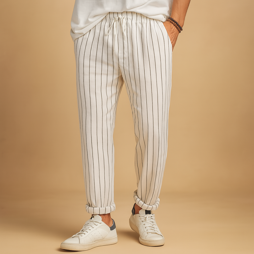 Men’s striped casual pants with adjustable drawstring waist and relaxed fit, perfect for vacations, leisure, and everyday casual wear.