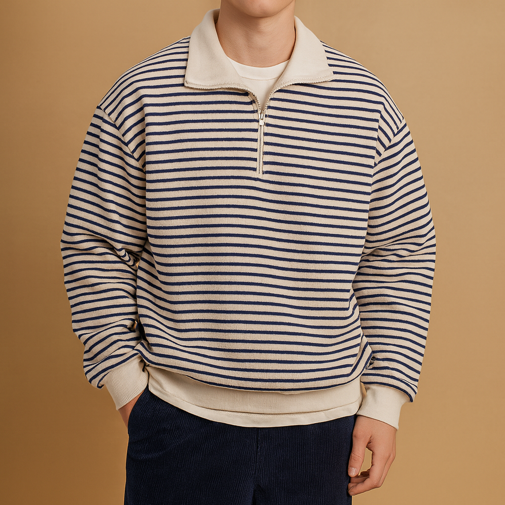 Striped half-zip pullover for men in white with black stripes, featuring a soft fabric and sporty, modern design perfect for everyday wear.