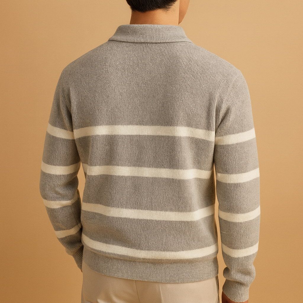 Modern striped half-zip sweater for men in gray, designed for comfort and warmth, perfect for casual or semi-formal autumn and winter wear.