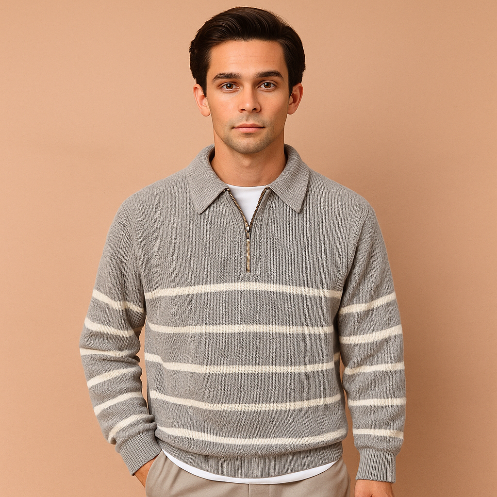 Modern striped half-zip sweater for men in gray, designed for comfort and warmth, perfect for casual or semi-formal autumn and winter wear.
