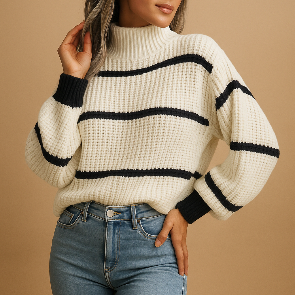 Women’s striped high neck sweater in black and white with ribbed cuffs, perfect for casual and smart-casual outfits.