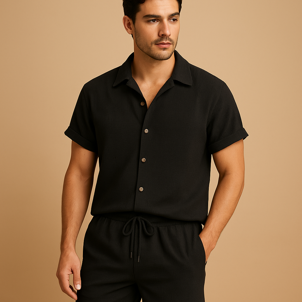 Men’s striped summer set with short-sleeve shirt and matching shorts, perfect for holidays, beach days, or casual summer outings.