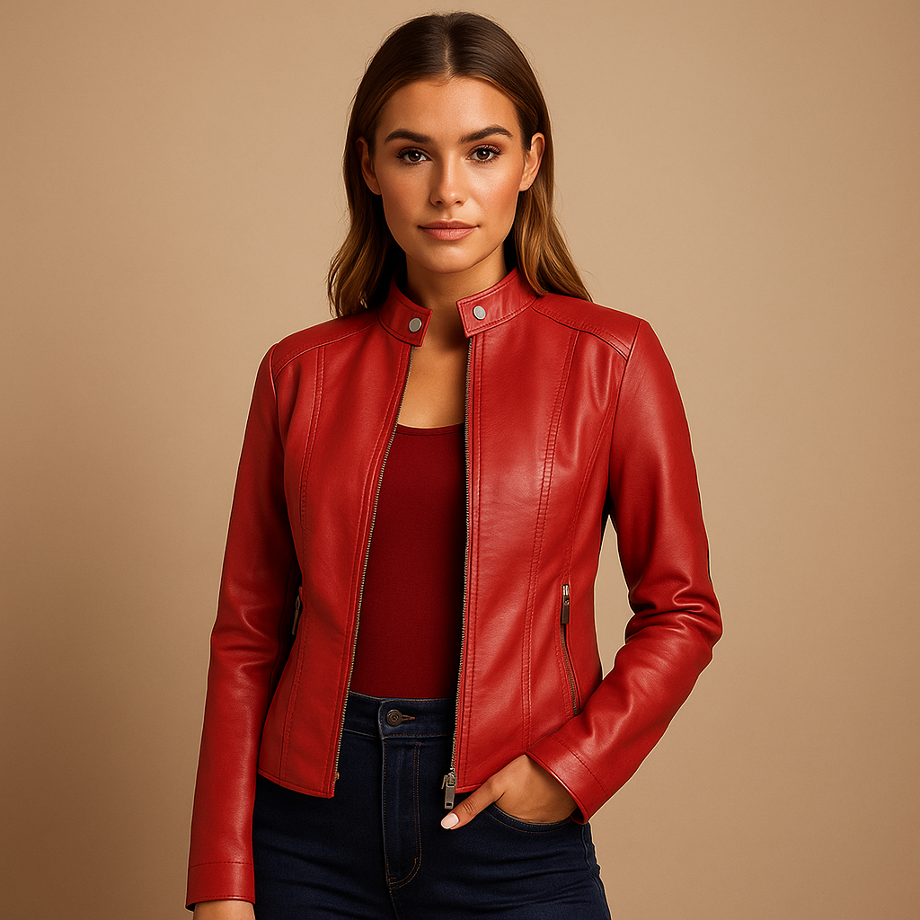 Women’s stylish biker jacket with symmetrical zipper, snap-button collar, and silver details, suitable for casual and elegant outfits.