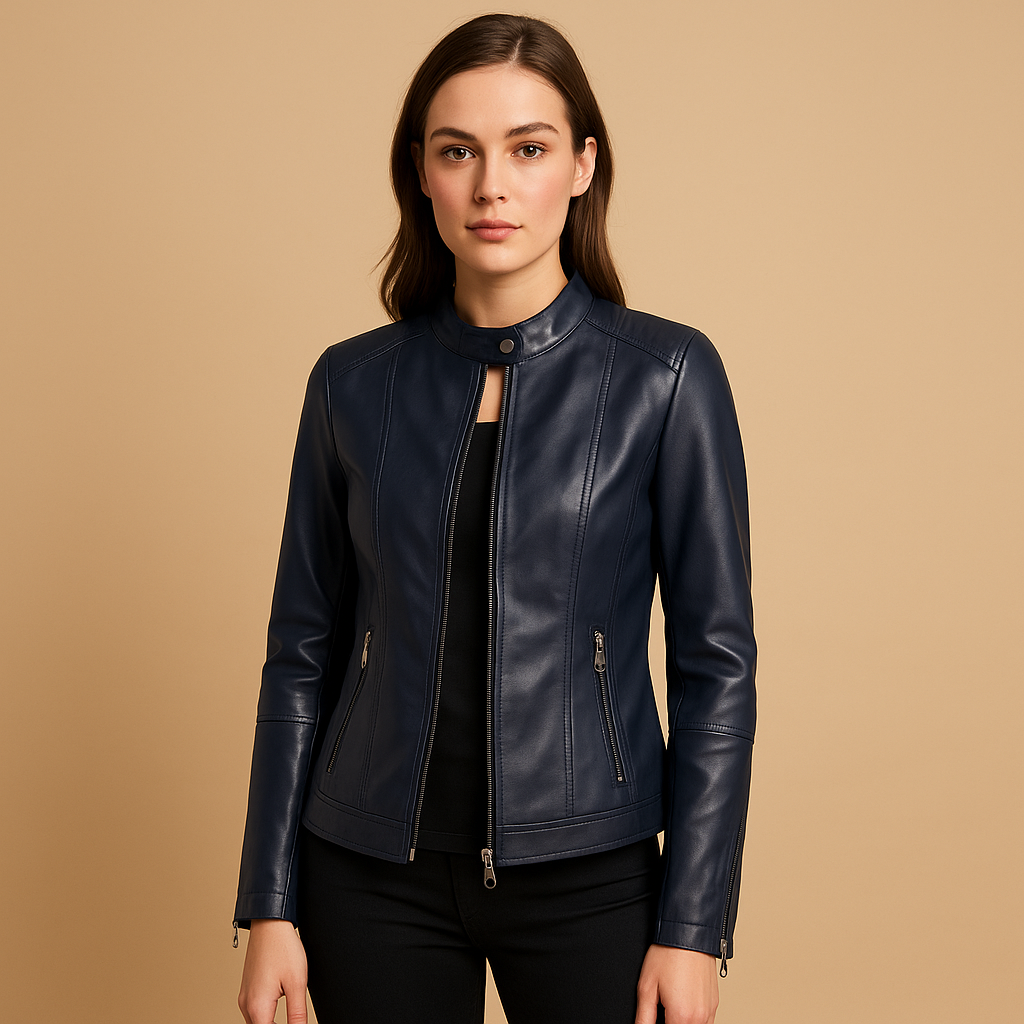 Women’s stylish biker jacket with tailored fit, symmetrical zipper, metal details, and zip pockets, suitable for casual and evening wear.
