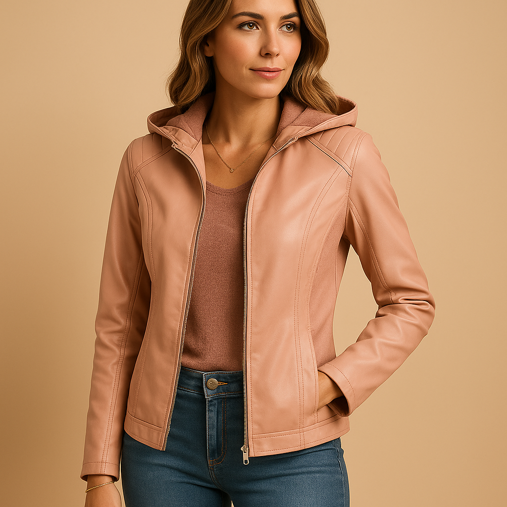 Women’s stylish jacket with a regular fit, detachable hood, and elegant zip details, suitable for casual and smart casual outfits.