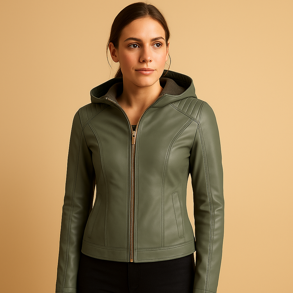 Women’s stylish jacket with a regular fit, detachable hood, and elegant zip details, suitable for casual and smart casual outfits.