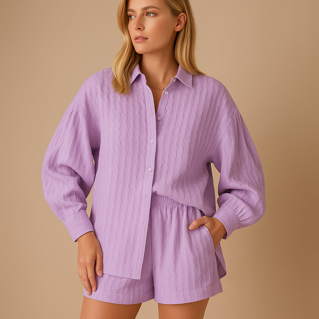 Light two-piece summer set for women with short-sleeve blouse and shorts, perfect for warm days, vacations, or casual wear.