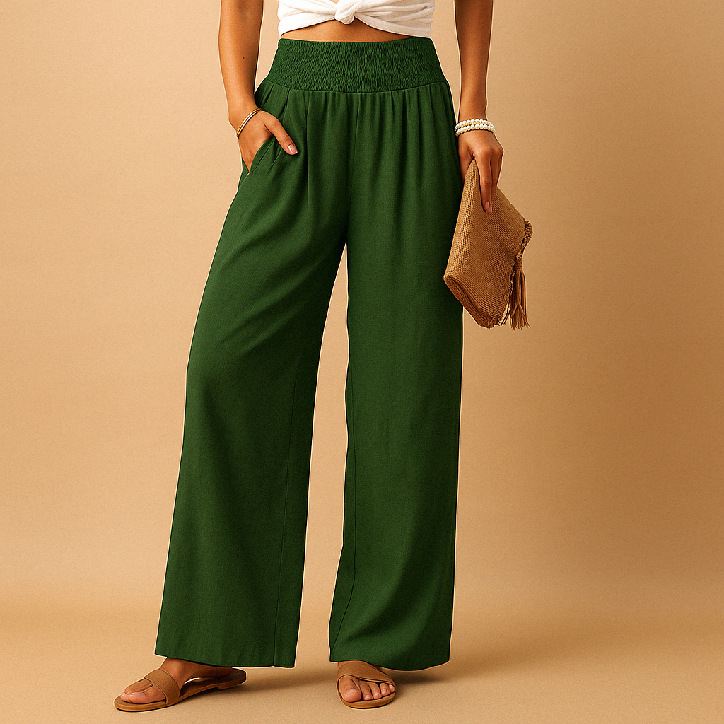 Women’s lightweight summer trousers with elastic waistband and loose straight legs, ideal for casual outings and relaxed summer days.