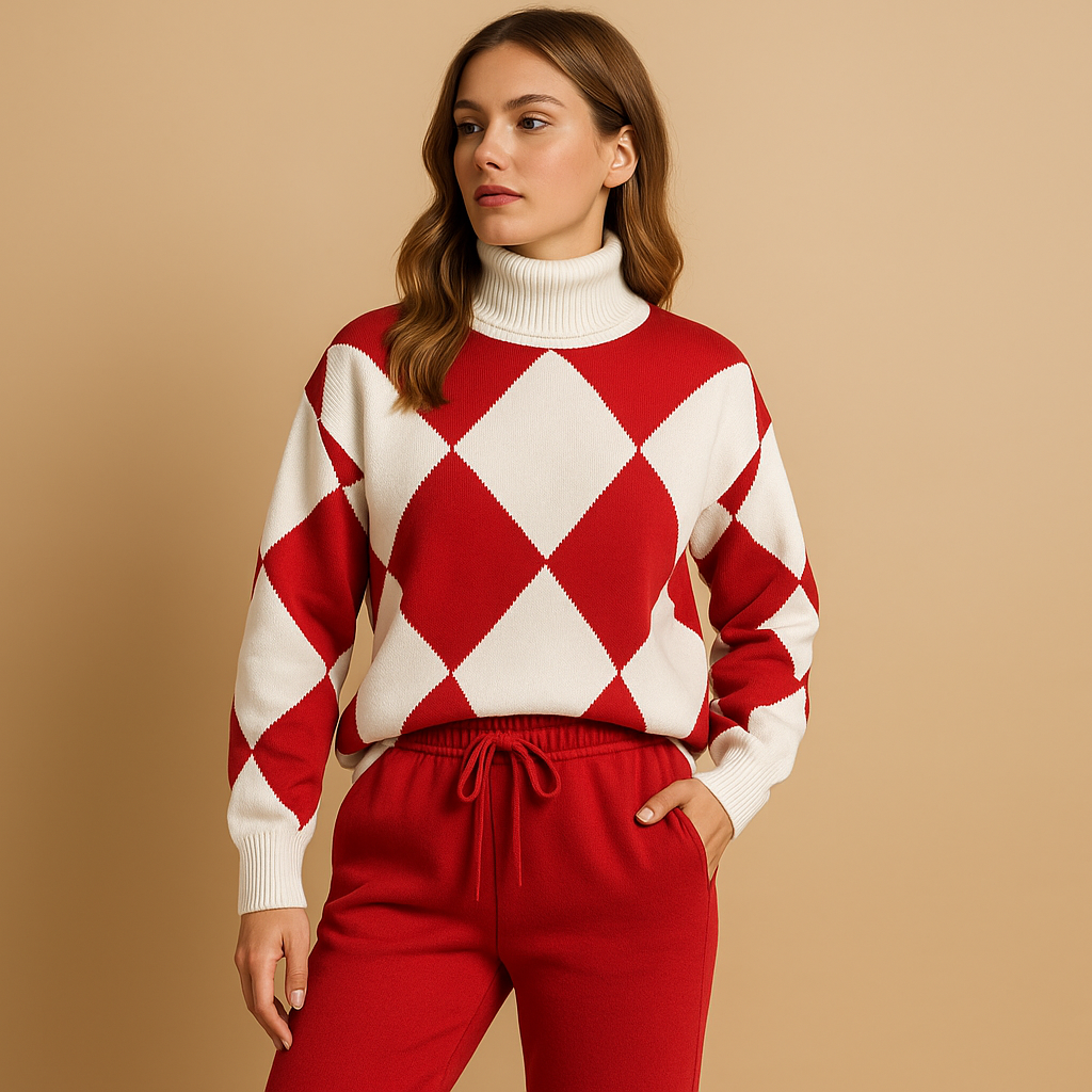 Comfortable sweater and jogger set for women, perfect for lounging at home or casual outdoor wear, available in beige, red, blue, and black.