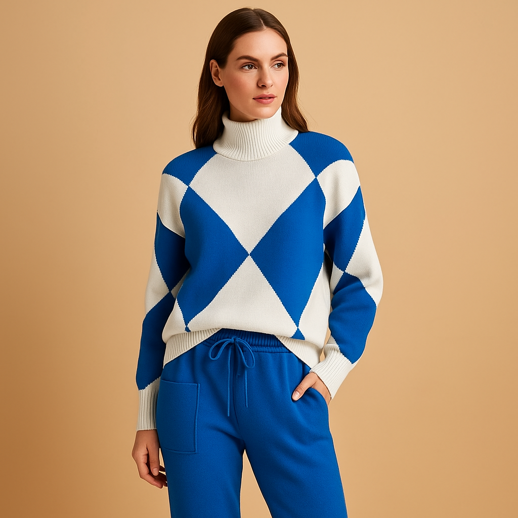 Comfortable sweater and jogger set for women, perfect for lounging at home or casual outdoor wear, available in beige, red, blue, and black.