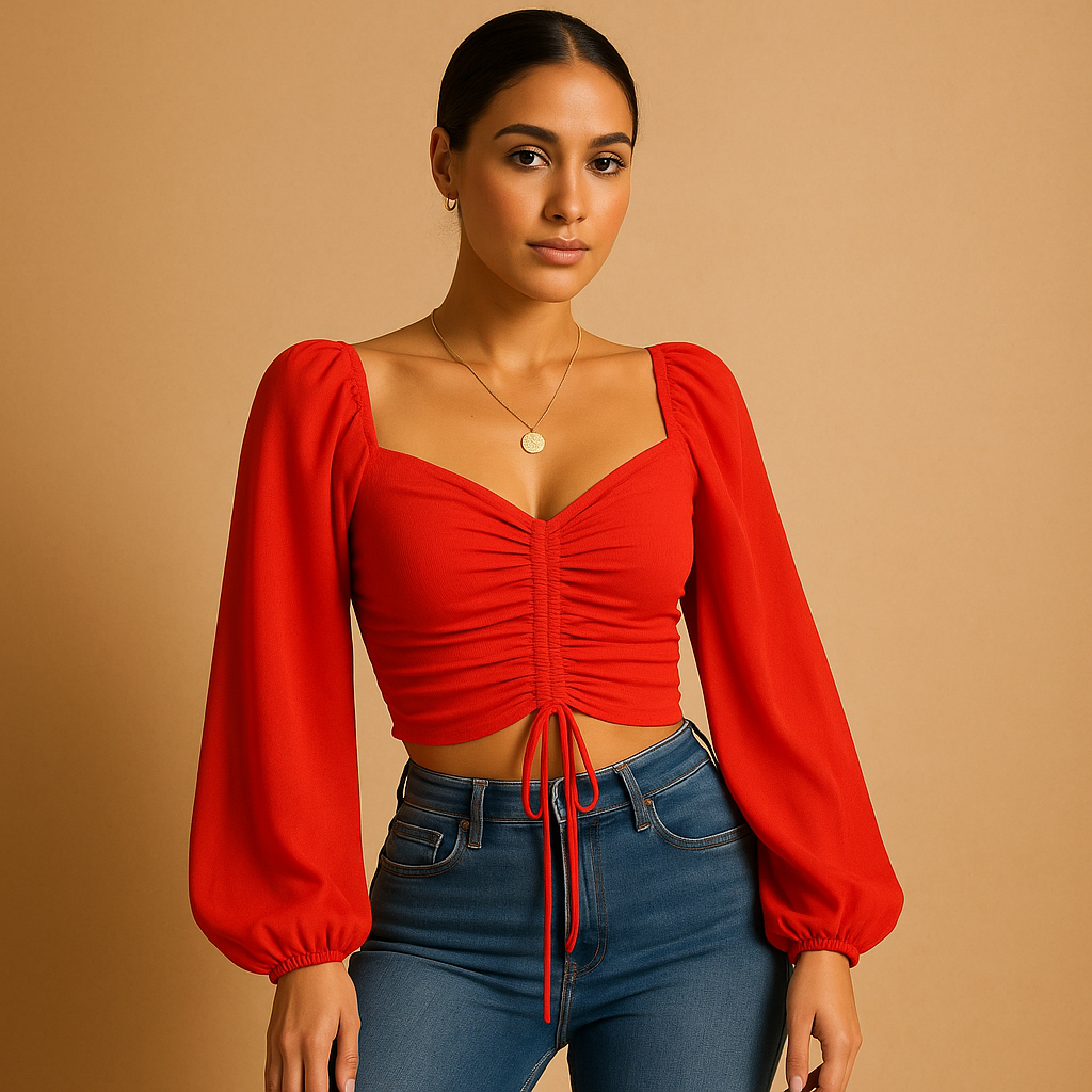 Women’s fitted blouse with a sweetheart neckline and tie detail, designed for casual wear and festive occasions in multiple colors.