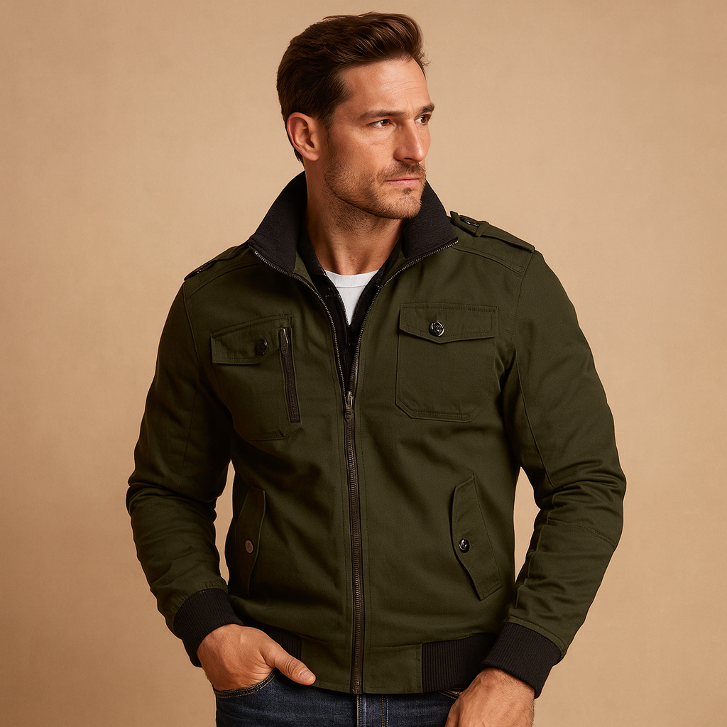 Tactical bomber jacket for men with high collar, ribbed cuffs, and multiple pockets, ideal for outdoor activities and daily wear.