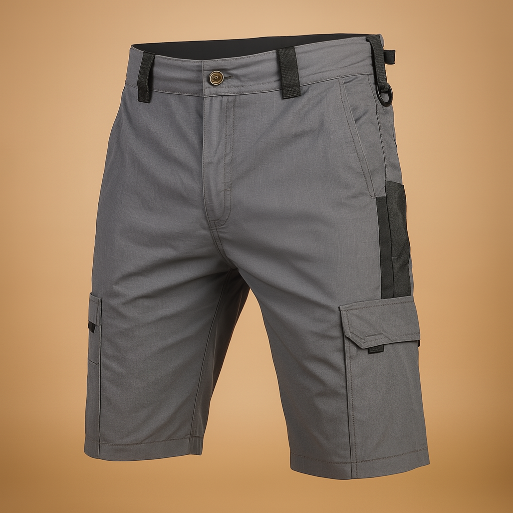 Menโs tactical outdoor shorts with multiple pockets in sand, army green, black, and gray โ ideal for hiking, camping, and outdoor adventures.