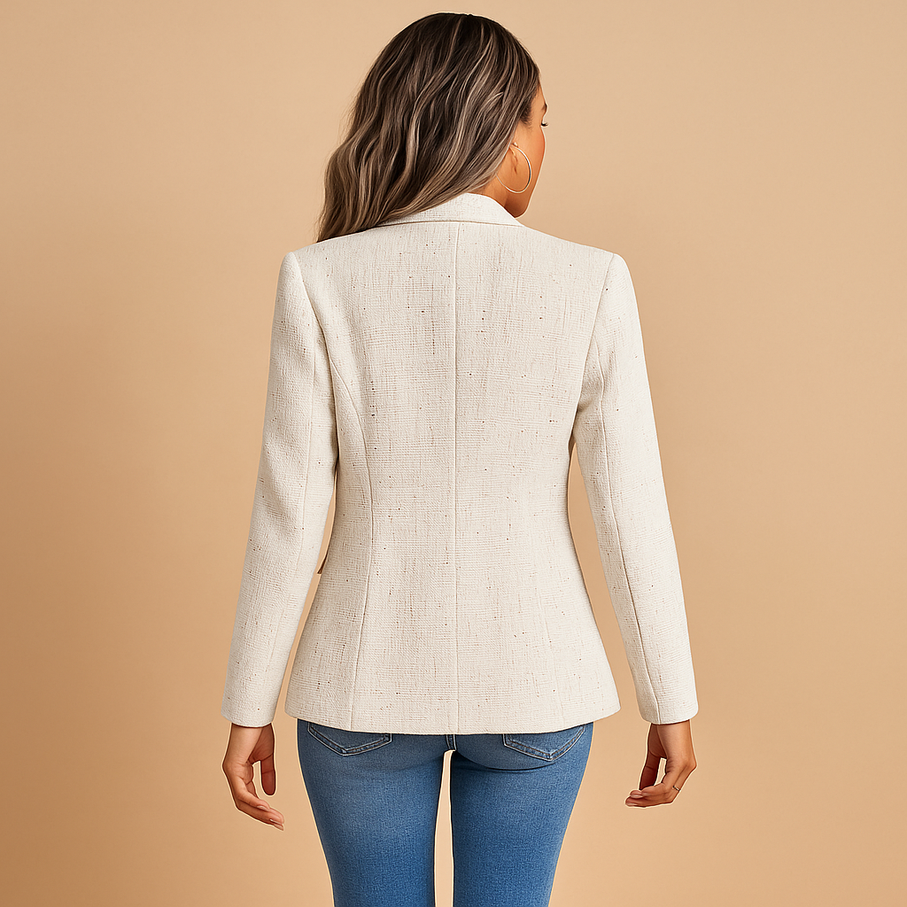 Tailored women’s blazer with sharp lapels and slim silhouette, ideal for office outfits, dinner plans, and weekend styling.