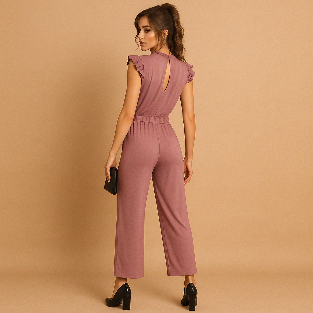Tailored elegant jumpsuit for women with round neckline, cap sleeves, and waist belt, perfect for formal occasions, parties, or elegant evenings.