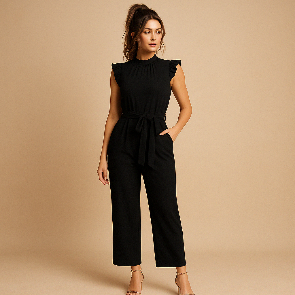 Tailored elegant jumpsuit for women with round neckline, cap sleeves, and waist belt, perfect for formal occasions, parties, or elegant evenings.