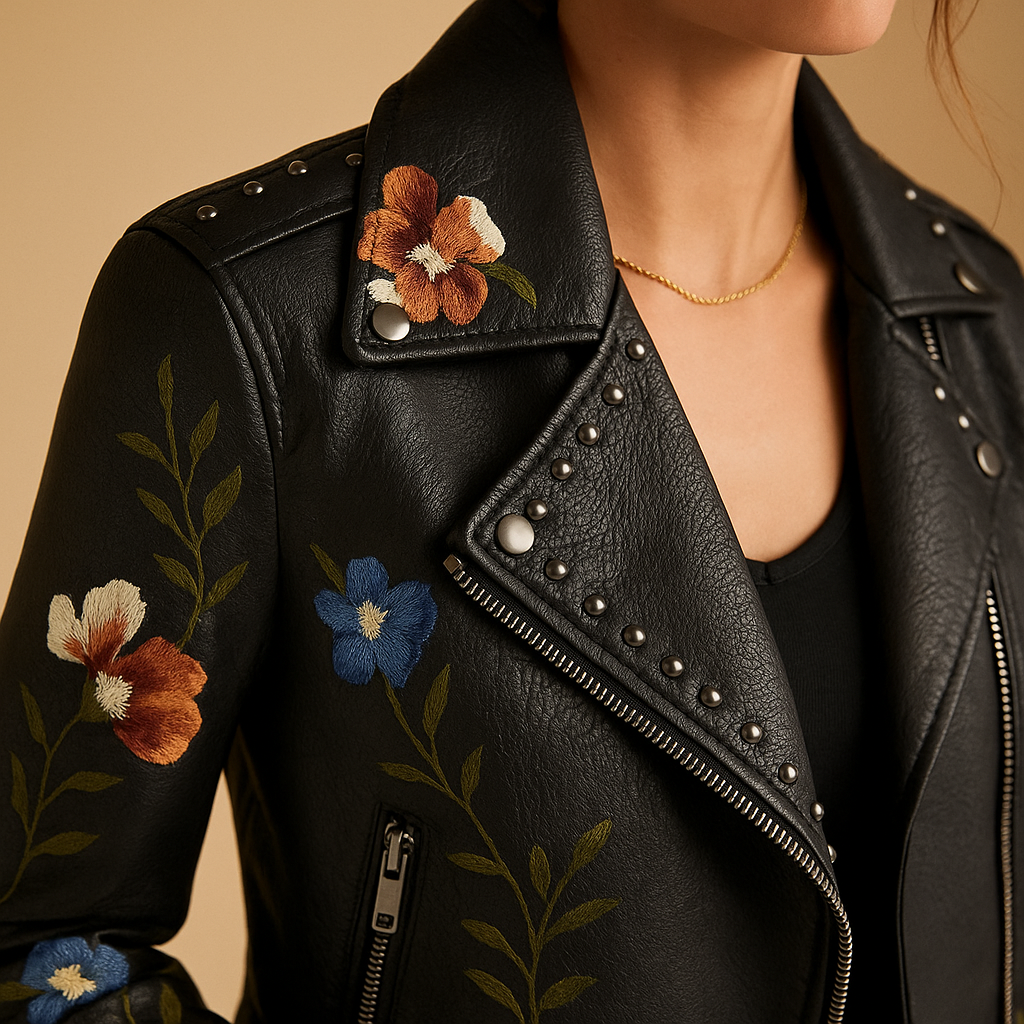 Tailored women’s leather jacket with a sleek fit and zip pockets in black and beige, perfect for casual and chic outfits.