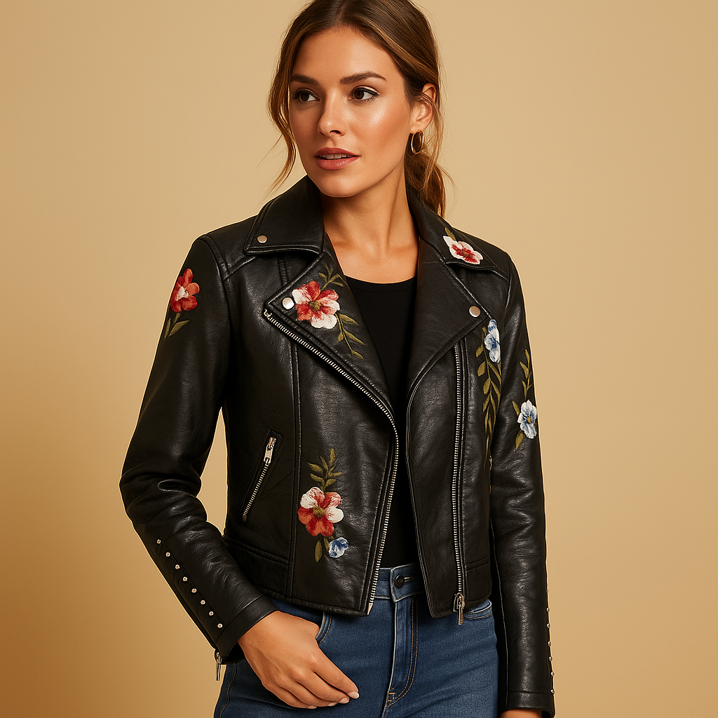 Tailored women’s leather jacket with a sleek fit and zip pockets in black and beige, perfect for casual and chic outfits.