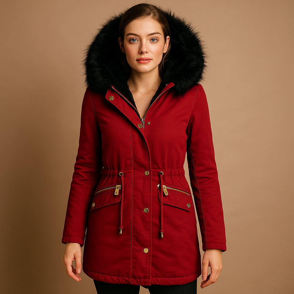 Women’s thermal winter coat with insulated fabric, faux fur hood, and zip and button closure, suitable for outdoor activities and stylish winter wear.