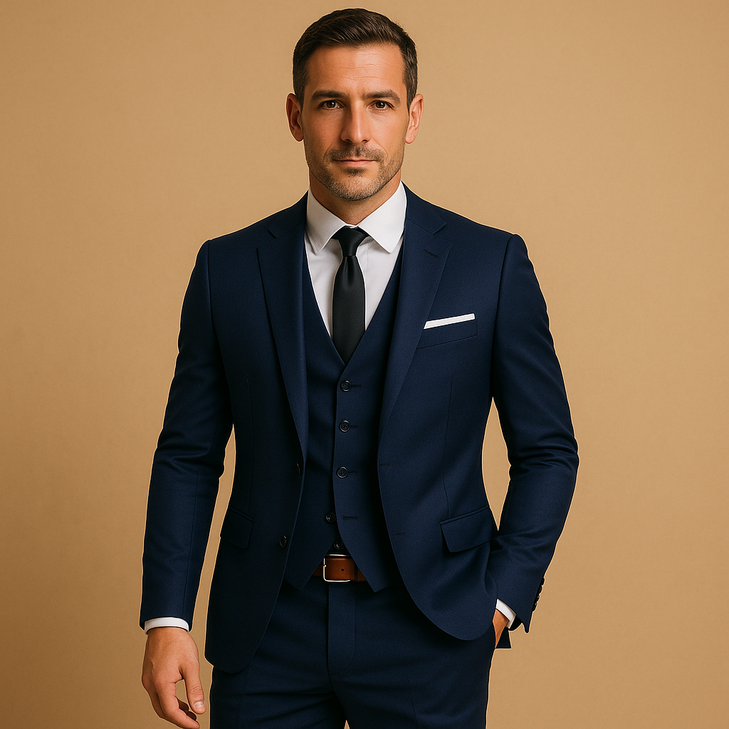 Men’s three-piece slim fit suit with blazer, vest, and trousers, perfect for weddings, formal events, or business occasions.