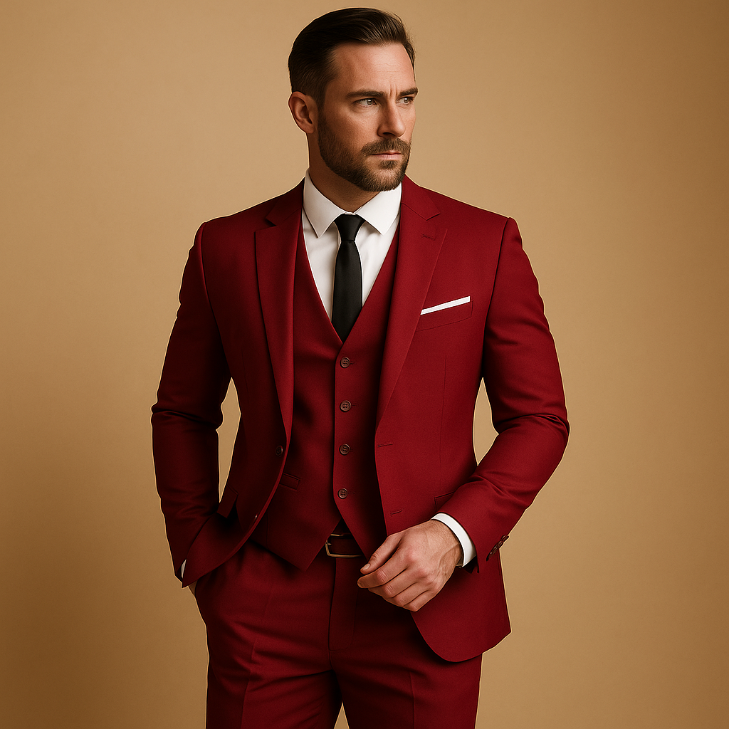 Men’s three-piece slim fit suit with blazer, vest, and trousers, perfect for weddings, formal events, or business occasions.