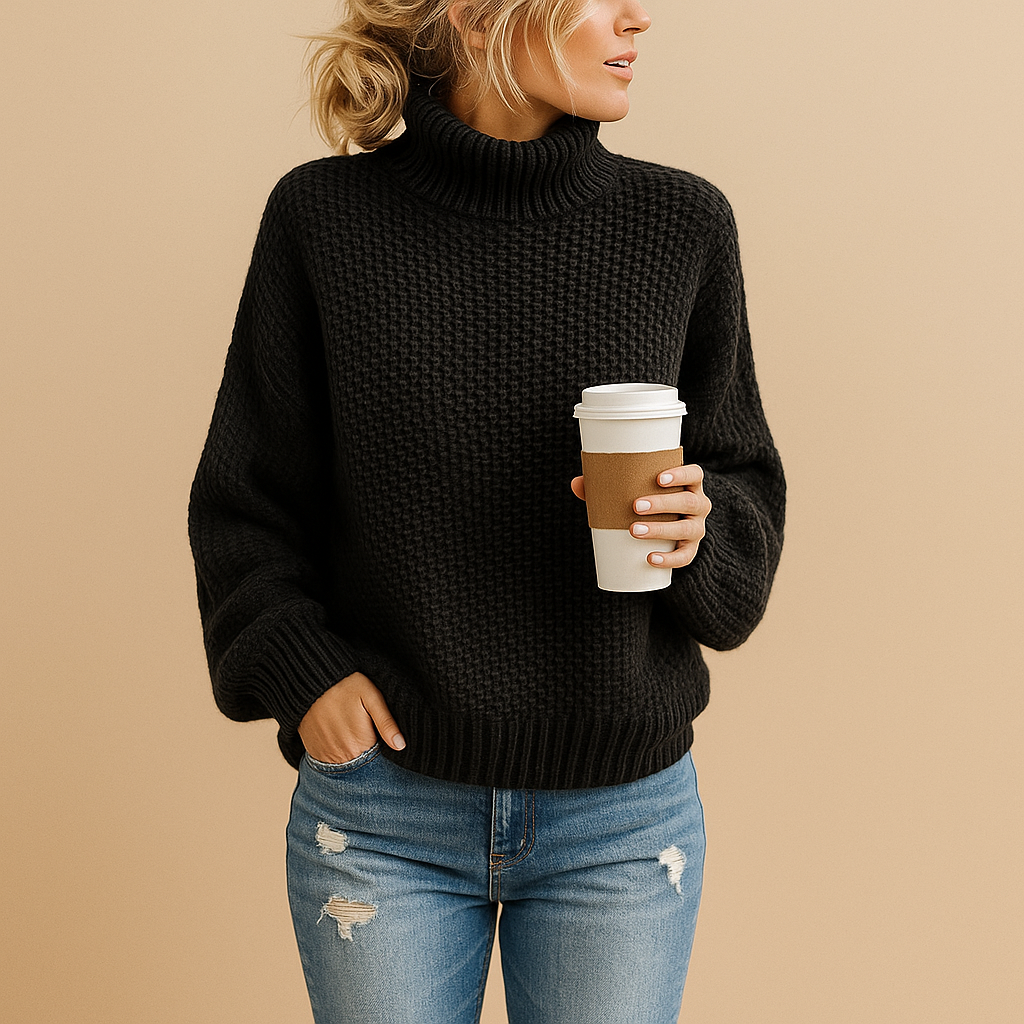 Women’s timeless knitted sweater in neutral tones, perfect for layering and year-round comfort and style.