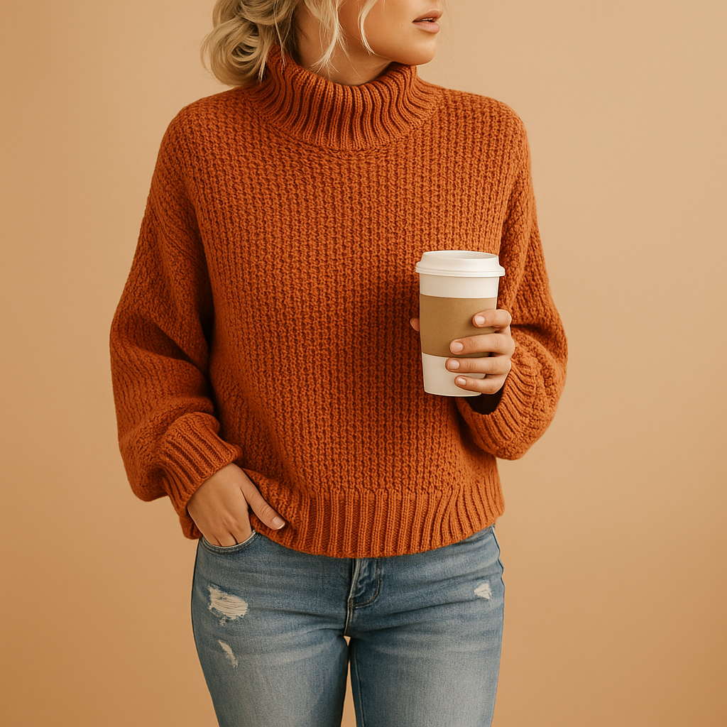 Women’s timeless knitted sweater in neutral tones, perfect for layering and year-round comfort and style.