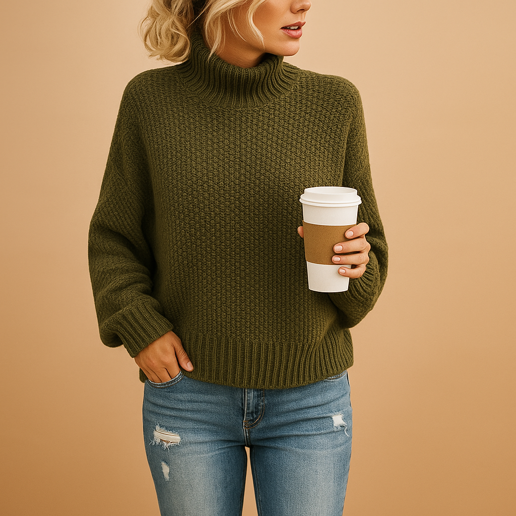 Women’s timeless knitted sweater in neutral tones, perfect for layering and year-round comfort and style.