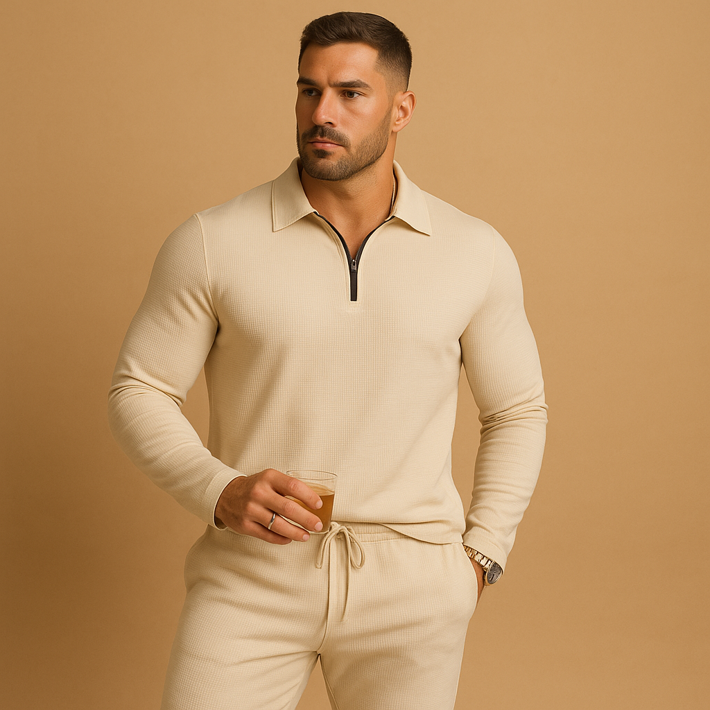 Men’s tracksuit with zip polo top and tapered joggers, perfect for casual outings, relaxed weekends, or stylish daily wear.