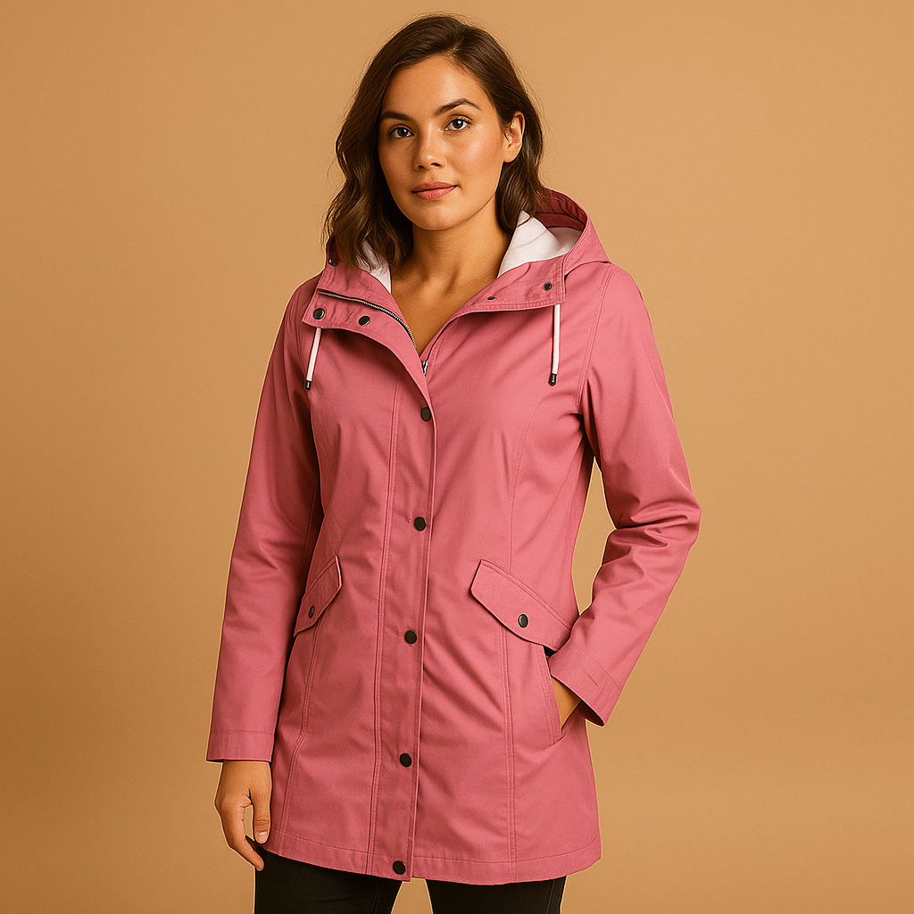 Women’s transparent rain jacket with a relaxed lightweight fit and adjustable hood, suitable for rainy days, everyday wear, and seasonal layering.