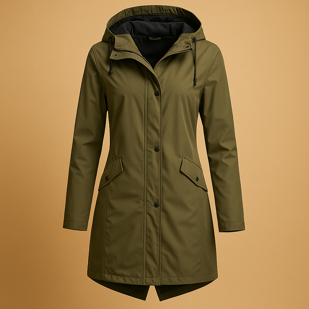 Women’s transparent rain jacket with a relaxed lightweight fit and adjustable hood, suitable for rainy days, everyday wear, and seasonal layering.