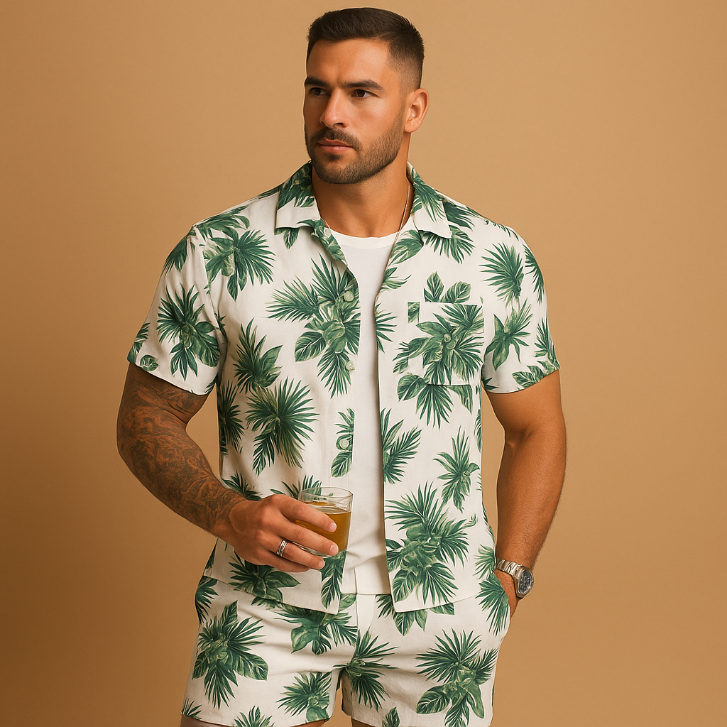 Men’s tropical summer set with palm and feather print, perfect for vacations, beach days, or relaxed summer outings.