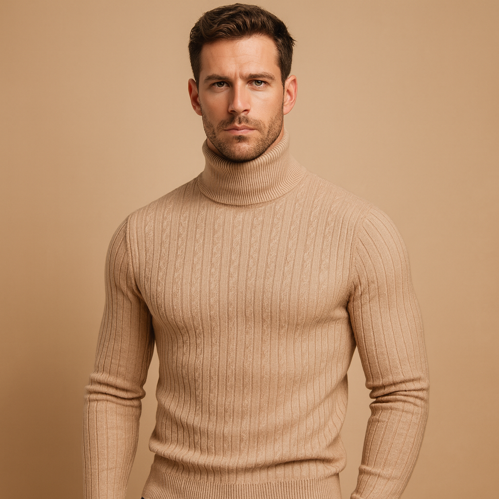 Men’s turtleneck knitted sweater with a soft, warm fit and classic design, ideal for autumn and winter wear or elegant everyday looks.