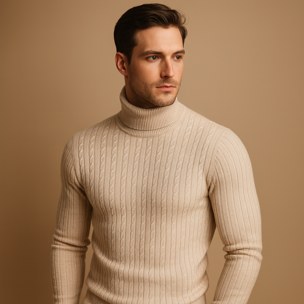 Men’s turtleneck knitted sweater with a soft, warm fit and classic design, ideal for autumn and winter wear or elegant everyday looks.