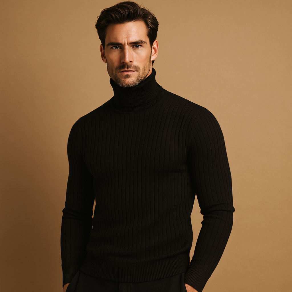 Men’s turtleneck knitted sweater with a soft, warm fit and classic design, ideal for autumn and winter wear or elegant everyday looks.
