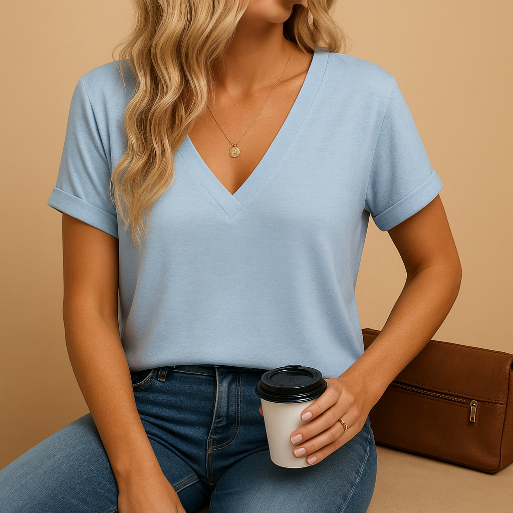 Women’s v-neck blouse with short puff sleeves and a flattering fit, suitable for work outfits, casual wear, and relaxed occasions.