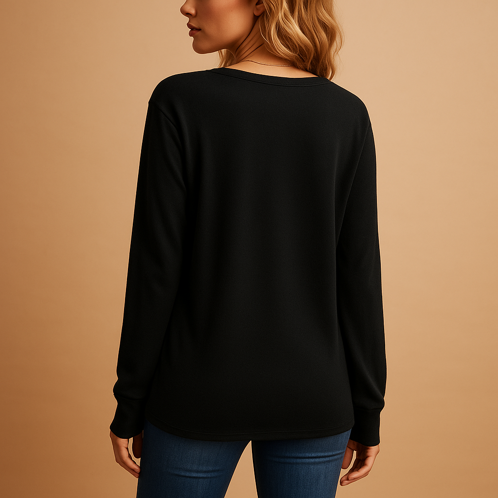 Women’s v-neck blouse with button details and a loose fit, suitable for everyday wear, office outfits, and smart casual looks.