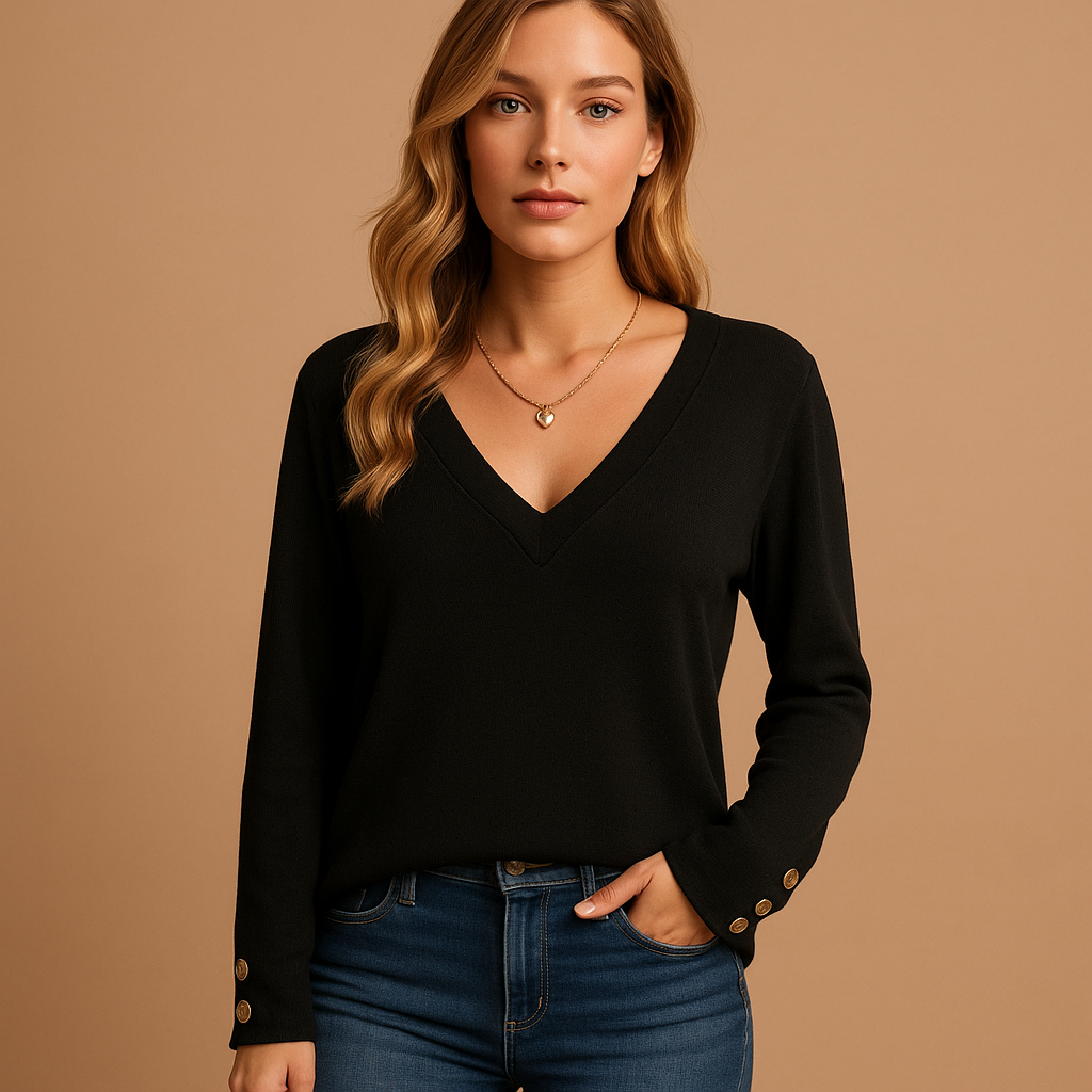 Women’s v-neck blouse with button details and a loose fit, suitable for everyday wear, office outfits, and smart casual looks.