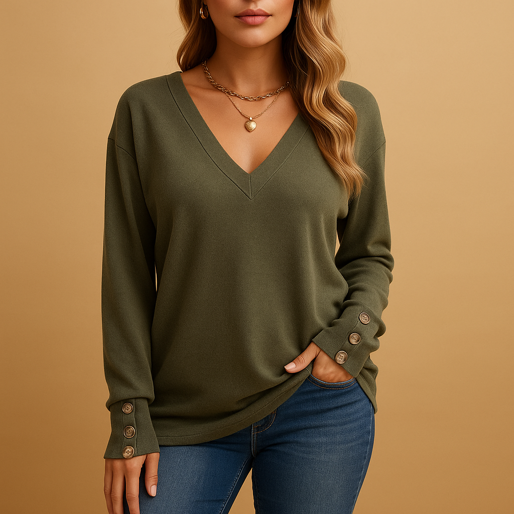 Women’s v-neck blouse with button details and a loose fit, suitable for everyday wear, office outfits, and smart casual looks.
