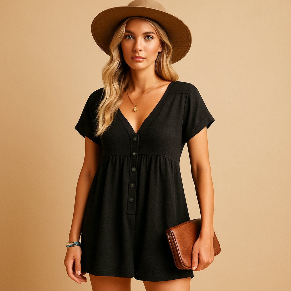 Women’s V-neck summer jumpsuit in black with a loose fit and lightweight fabric, perfect for beach days, vacations, and casual outings.