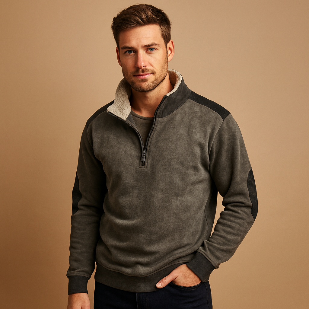 Vintage half-zip sweater for men with contrast shoulder panels and adjustable collar, offering a timeless look perfect for autumn and winter wear.