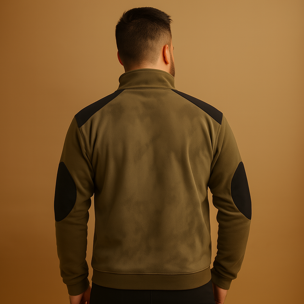 Vintage half-zip sweater for men with contrast shoulder panels and adjustable collar, offering a timeless look perfect for autumn and winter wear.