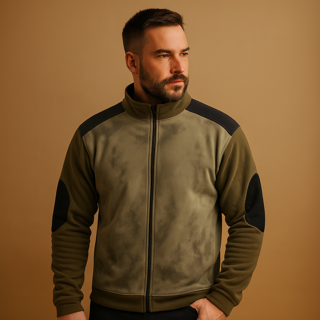 Vintage half-zip sweater for men with contrast shoulder panels and adjustable collar, offering a timeless look perfect for autumn and winter wear.