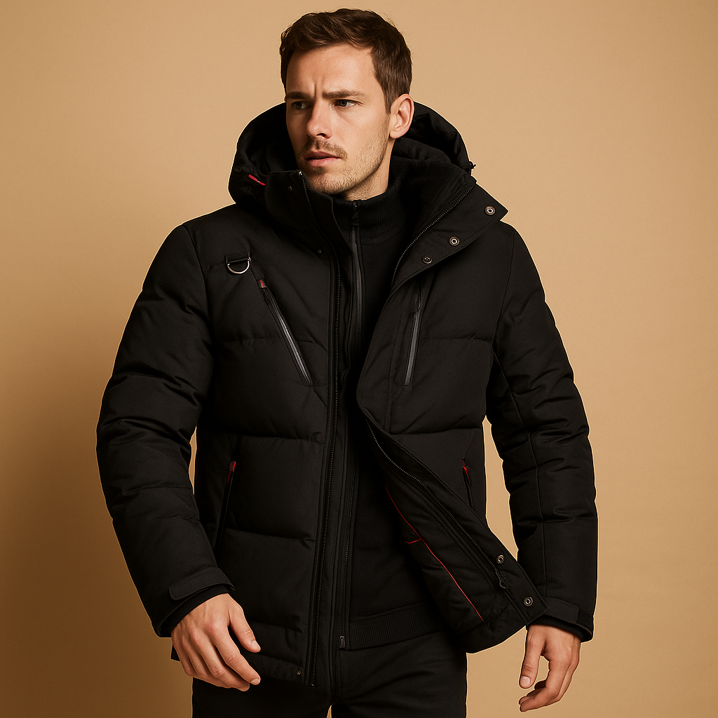 Men’s down parka with removable hood and 90% insulation, offering warmth and comfort for cold winter days and outdoor use.