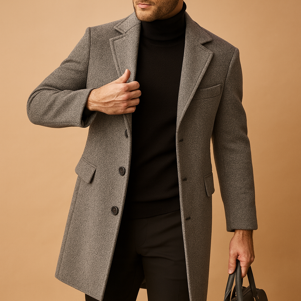 Warm overcoat for men with relaxed fit and elegant design, ideal for autumn and winter, perfect for formal or everyday wear.