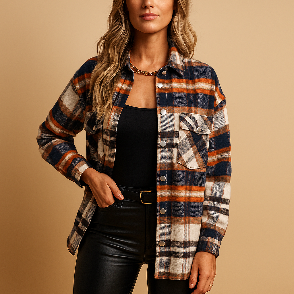 Women’s warm plaid jacket with a relaxed fit and soft insulating lining, ideal for daily wear, autumn walks, and seasonal occasions.