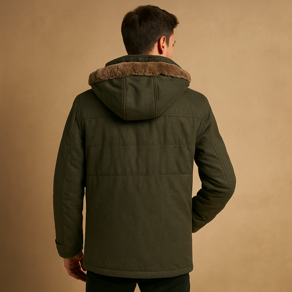 Men’s warm winter jacket with hood and thick lining, offering comfort and protection for cold and rainy winter days.
